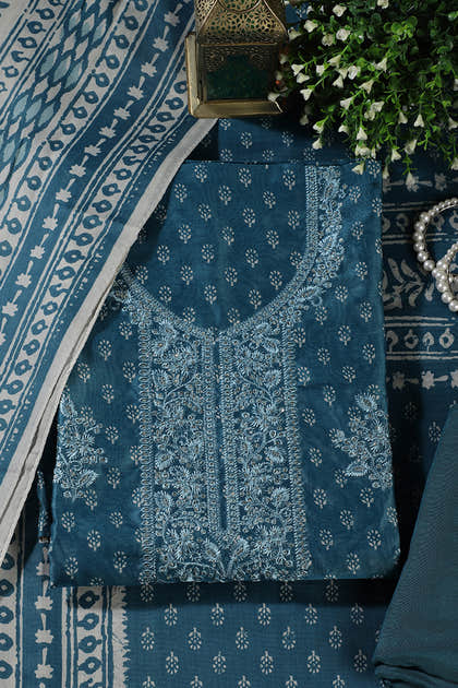 Blue Chanderi Silk Printed And Embroidered Unstitched Suit Material