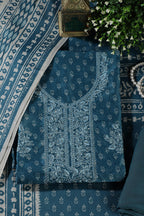 Blue Chanderi Silk Printed And Embroidered Unstitched Suit Material