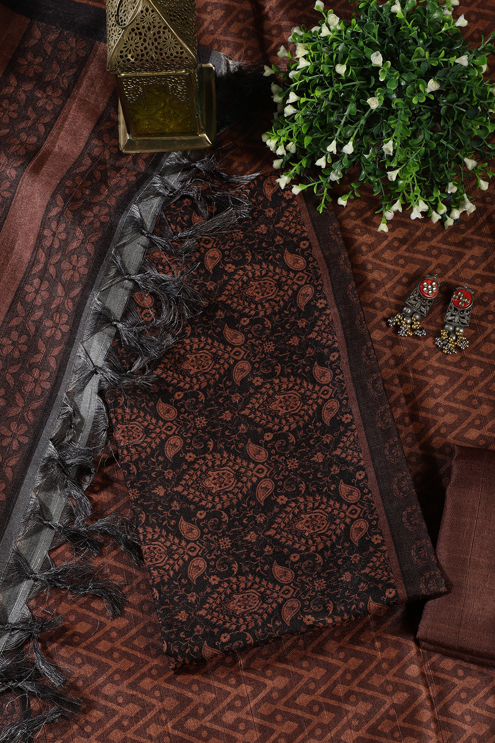 Brown And Black Digital Printed Chanderi Cotton Unstiched Suit Material