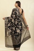 Black Cotton Silk Floral Printed & Zari Border Saree