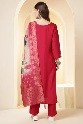 Fushia Pink Color Silk Suit Set With Neck Embroidered & Floral Printed Dupatta