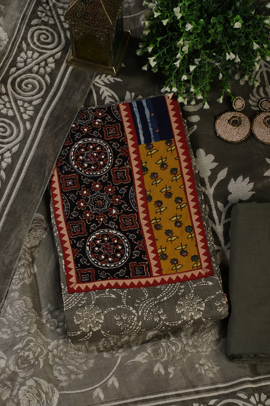 Greyish Green Cotton Printed and Mirror Work Unstitched Suit Material