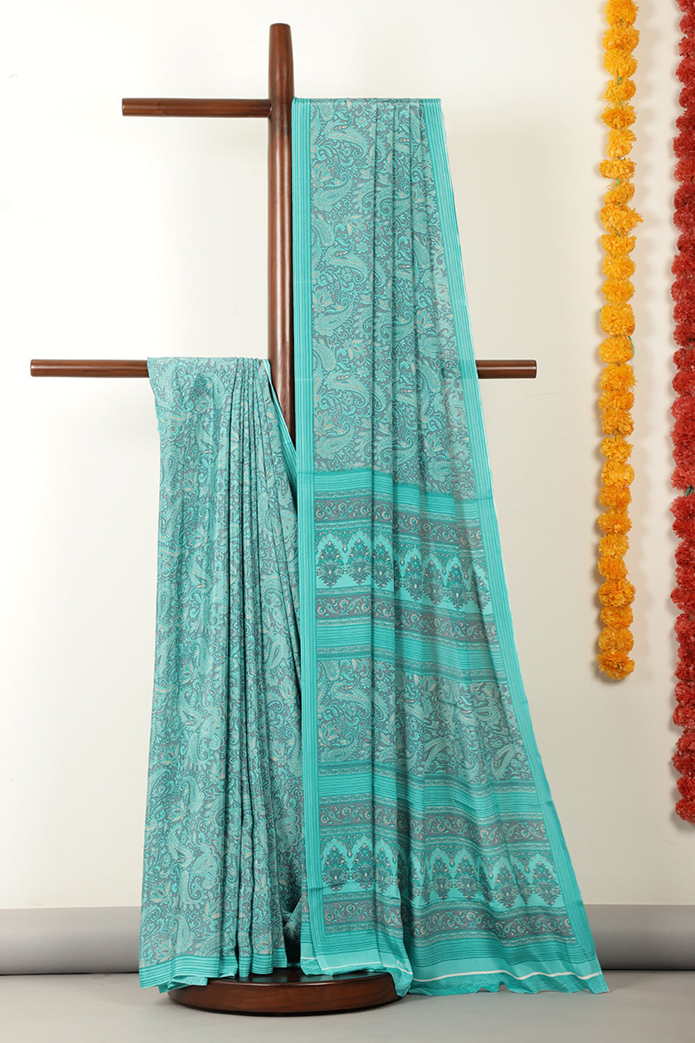 Turquoise & Grey Floral Printed Crepe Saree