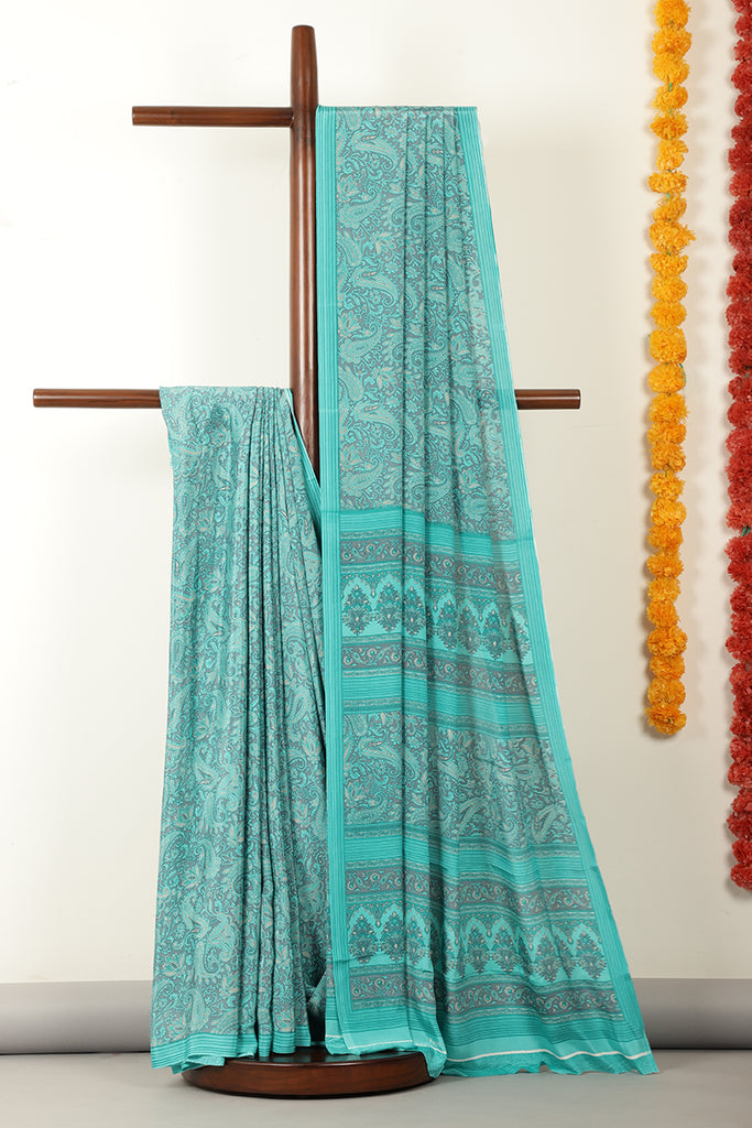 Turquoise & Grey Floral Printed Crepe Saree