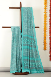 Turquoise & Grey Floral Printed Crepe Saree