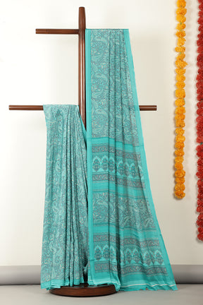 Turquoise & Grey Floral Printed Crepe Saree