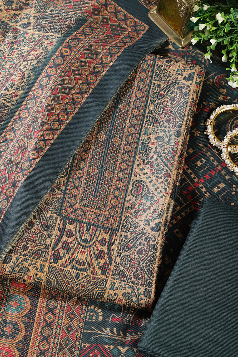 Teal Pashmina Digital Printed Unstitched Suit Material