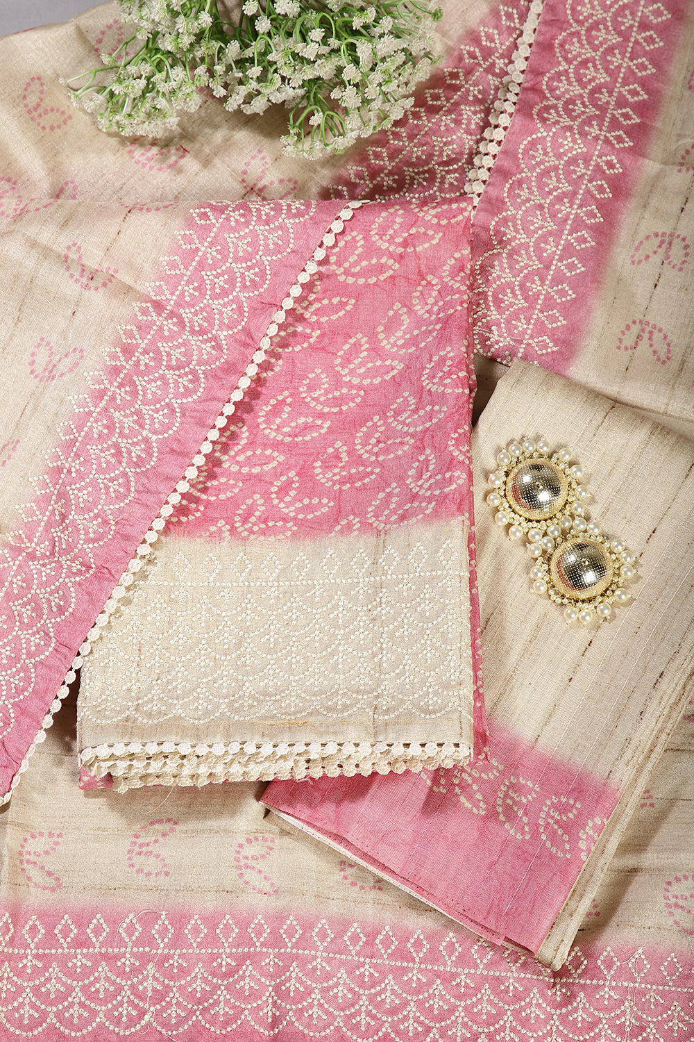 Pink Color Tussar Silk Bandhani Printed Unstitched Suit Material