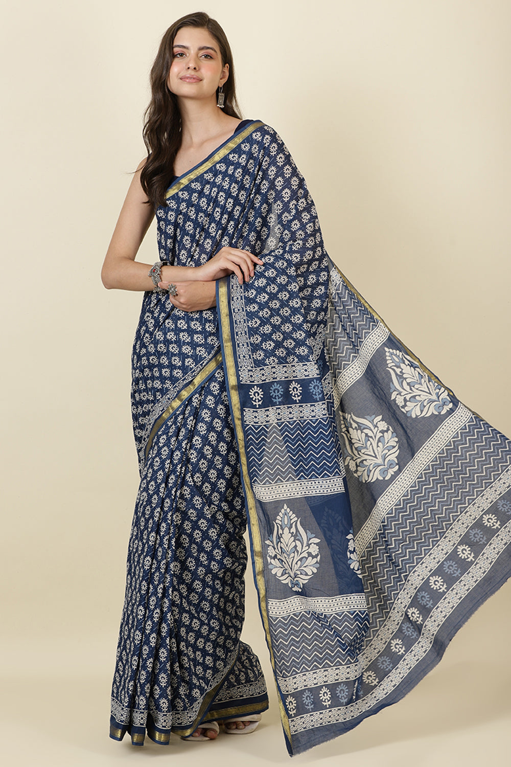 Indigo Blue Cotton Block Printed Saree