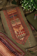 Olive Green Printed Spun Unstitched Suit Material