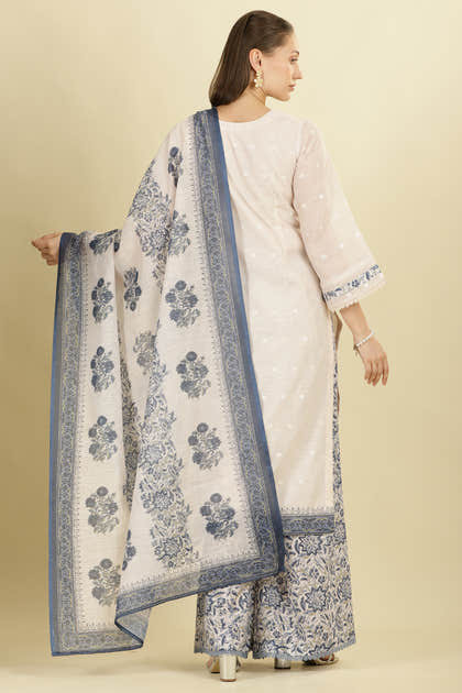 Cream & Blue Cotton Printed Unstitched Suit Material