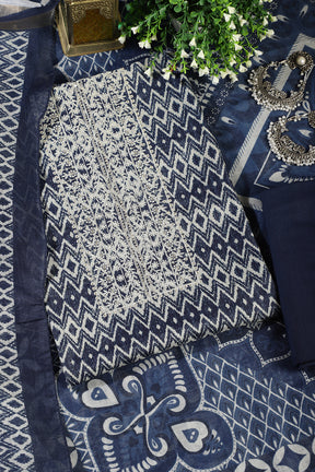 Navy Blue Cotton Silk Printed and Neck Embroidered Unstitched Suit