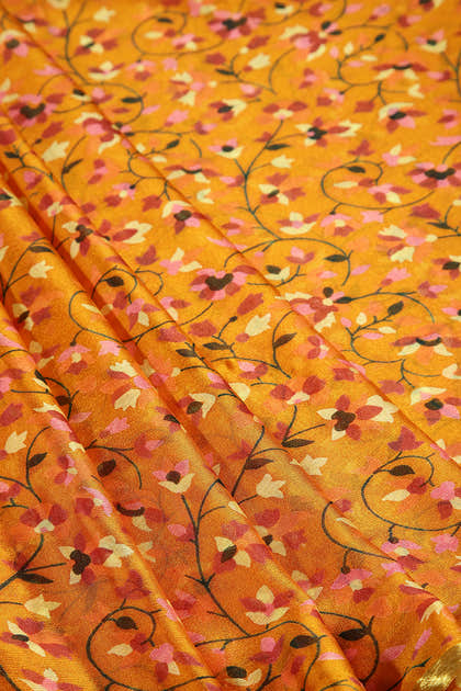 Mustard Color Chiffon Floral Zari Border Printed Saree