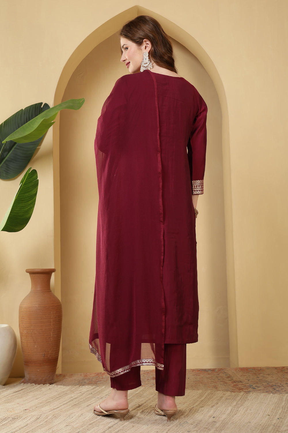 Burgundy Color Cotton Silk Printed & Neck Embroidered Suit