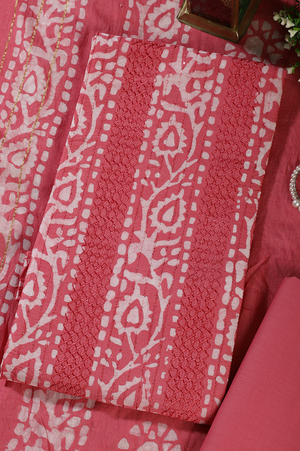 Pink Cotton Printed And Resham Embroidered Unstitched Suit Material