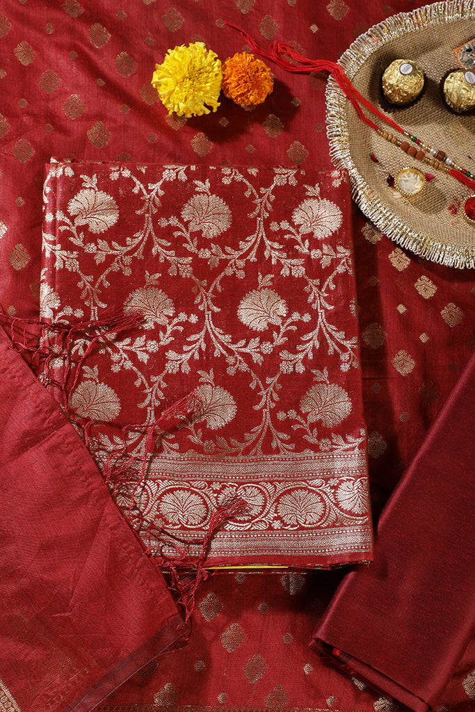 Maroon Colour Zari Woven Silk Unstitched Suit Fabric