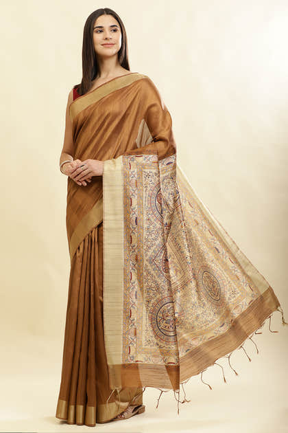 Brown Color Cotton Silk Madhubani Print Saree
