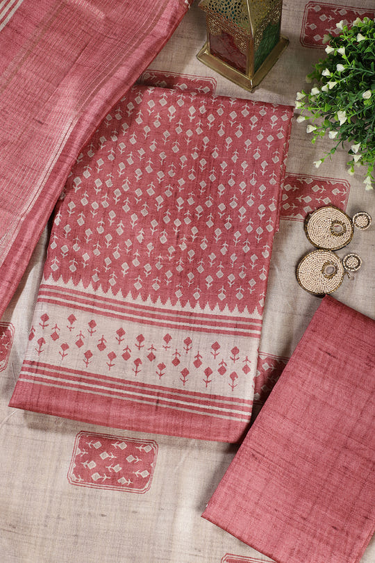Light Maroon Tussar Cotton Printed Unstiched Suit Material