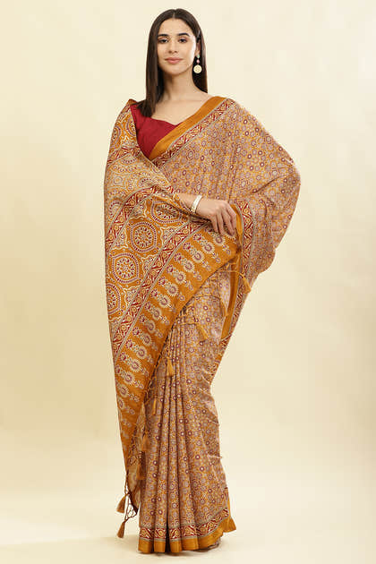 Mustard Cotton Silk Ajrakh Block Printed Saree
