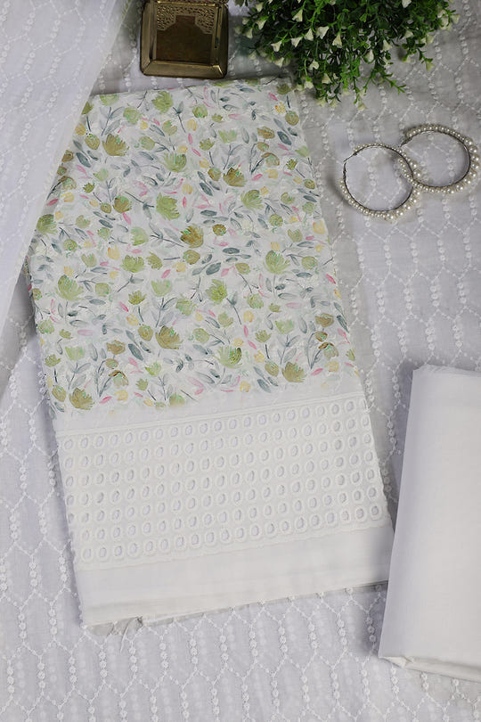 White & Green Cotton Floral Printed and Resham Embroidered Unstitched Suit Material