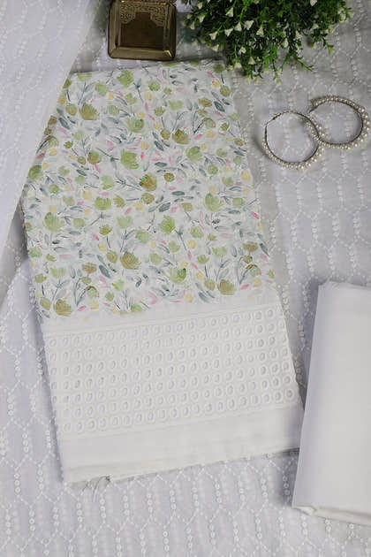 White & Green Cotton Floral Printed and Resham Embroidered Unstitched Suit Material