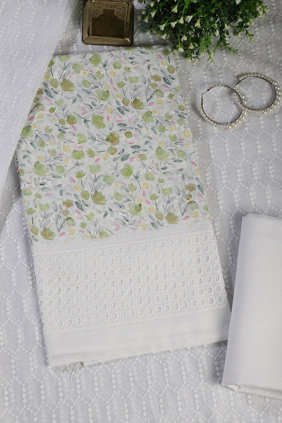 White & Green Cotton Floral Printed and Resham Embroidered Unstitched Suit Material