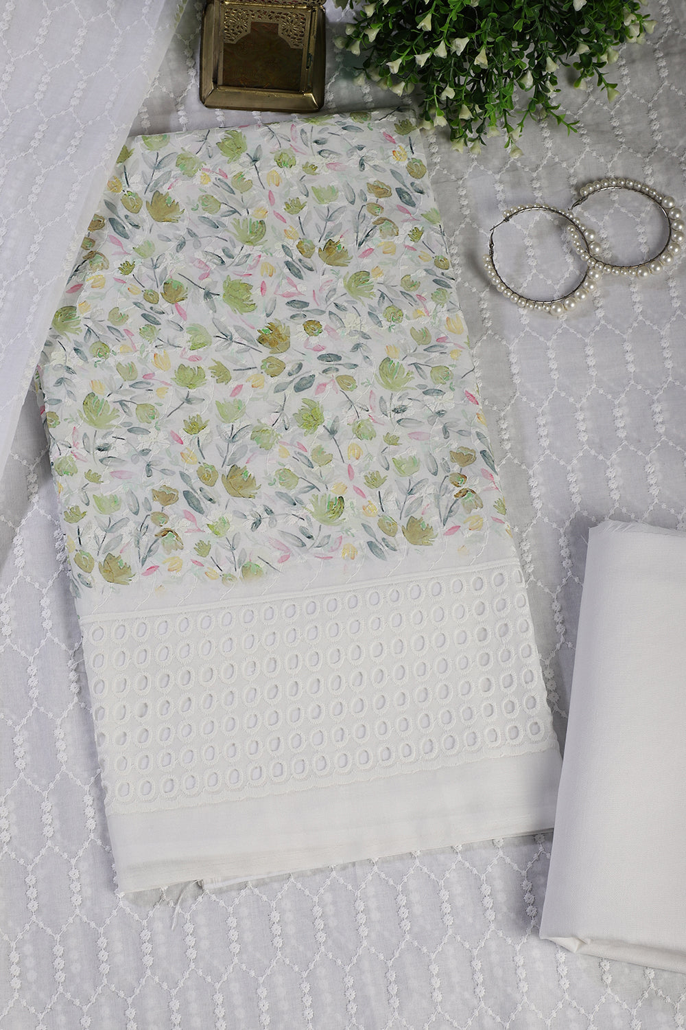 White & Green Cotton Floral Printed and Resham Embroidered Unstitched Suit Material