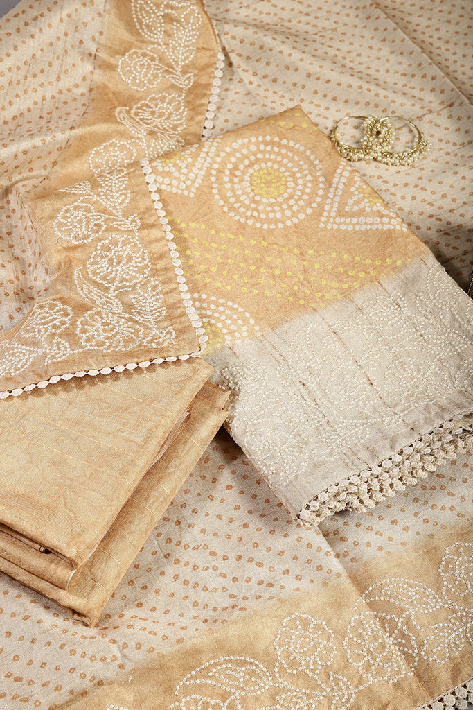 Mustard Color Tussar Silk Bandhani Printed Unstitched Suit Material