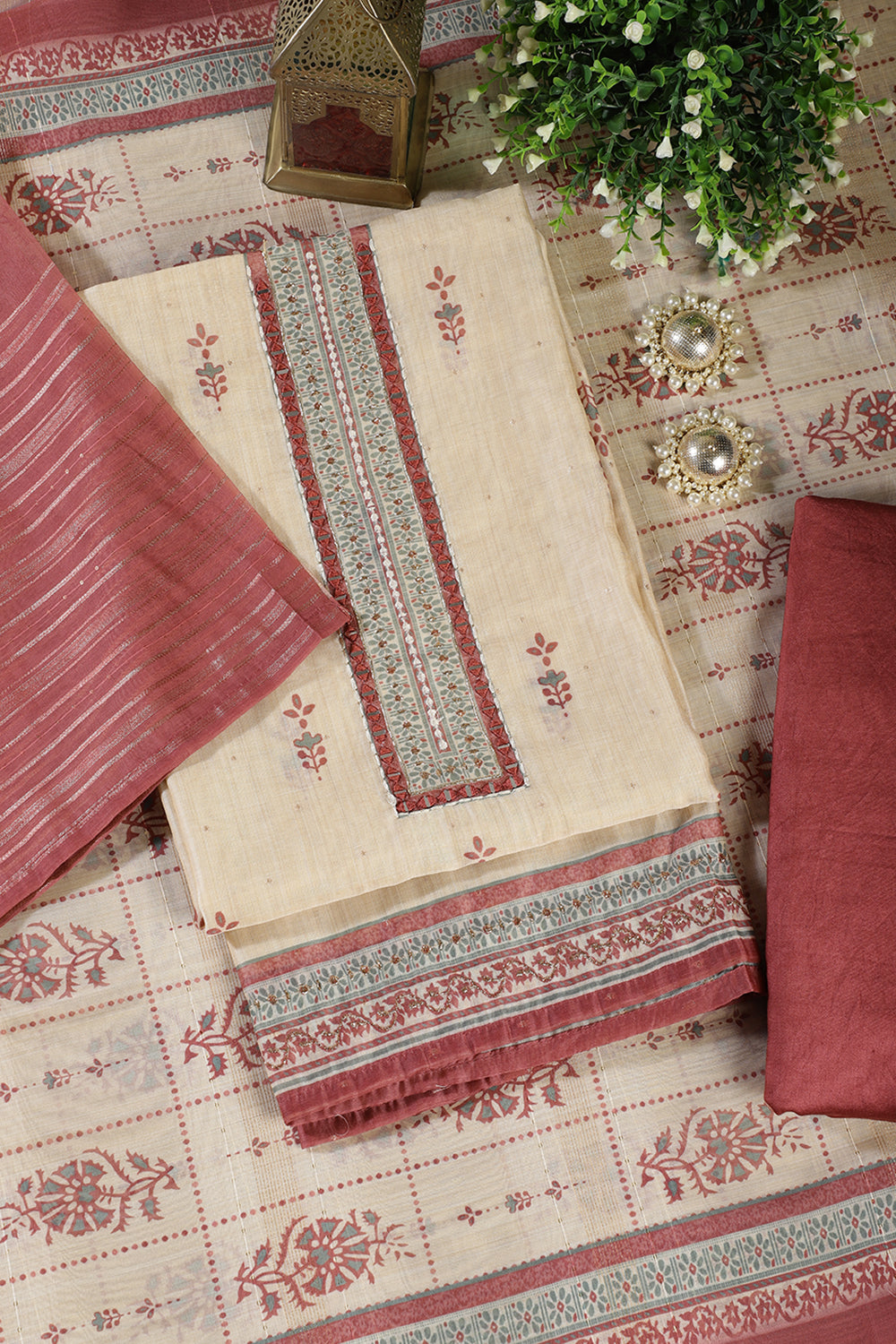 Beige & Light Maroon Chanderi Cotton Floral Printed And Neck Embroidered Unstitched Suit Material Unstitched Suit Fabric