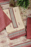 Beige & Light Maroon Chanderi Cotton Floral Printed And Neck Embroidered Unstitched Suit Material Unstitched Suit Fabric
