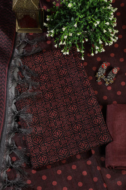 Maroon Chanderi Cotton Printed Unstiched Suit Material