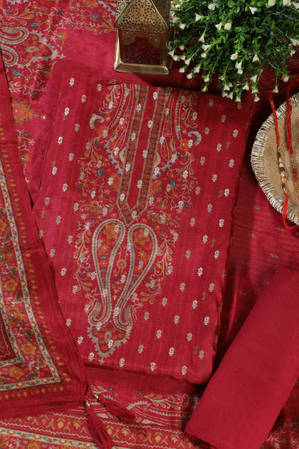 Red Zari Woven And Printed Silk Unstitched Suit Material