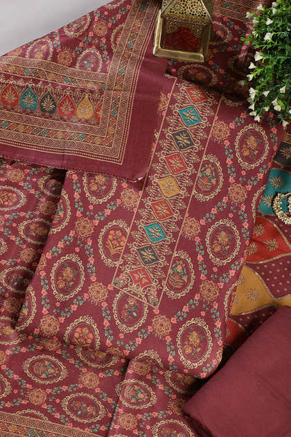 Wine Pashmina Digital Printed Unstitched Suit Material