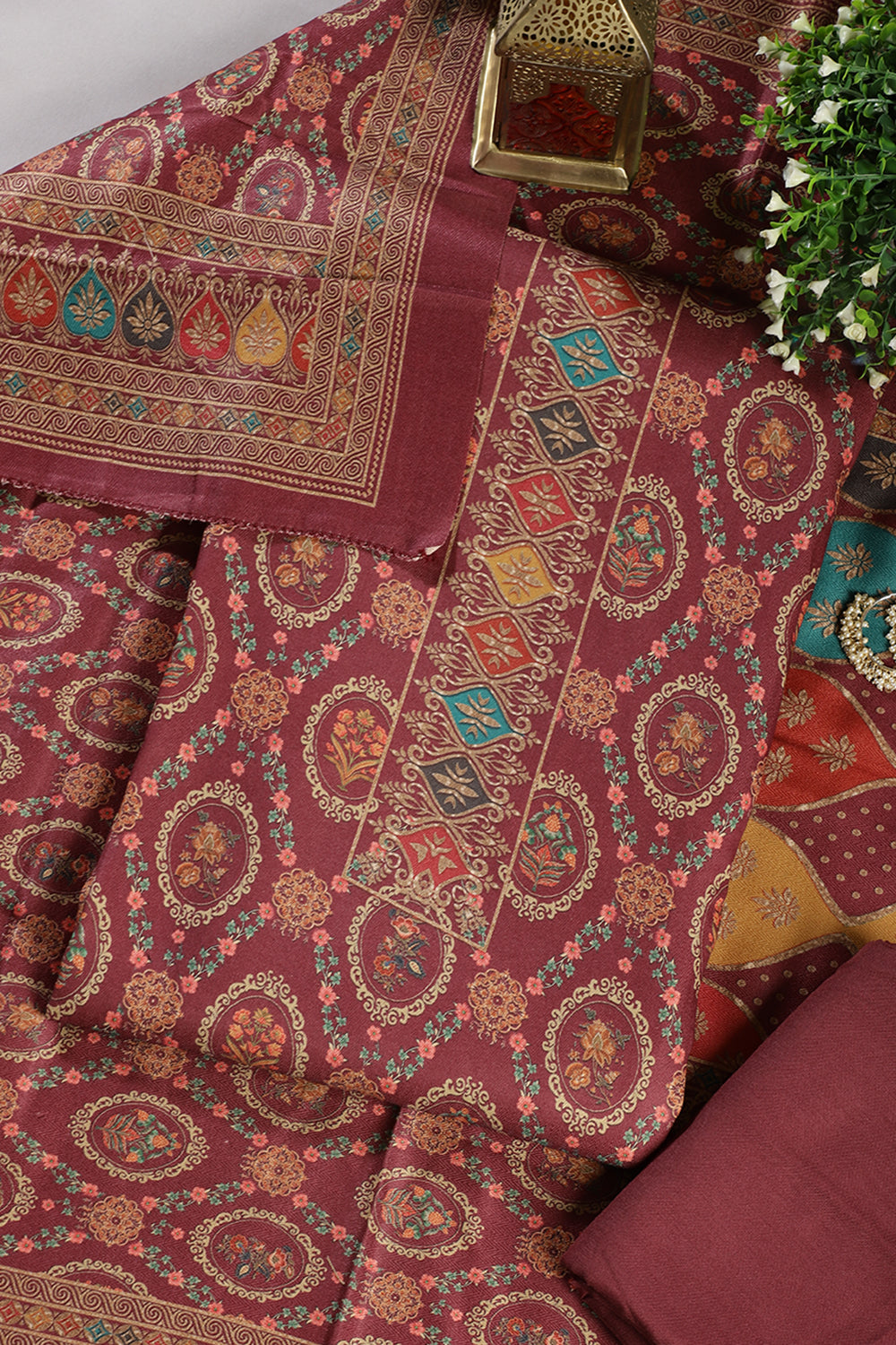 Wine Pashmina Digital Printed Unstitched Suit Material