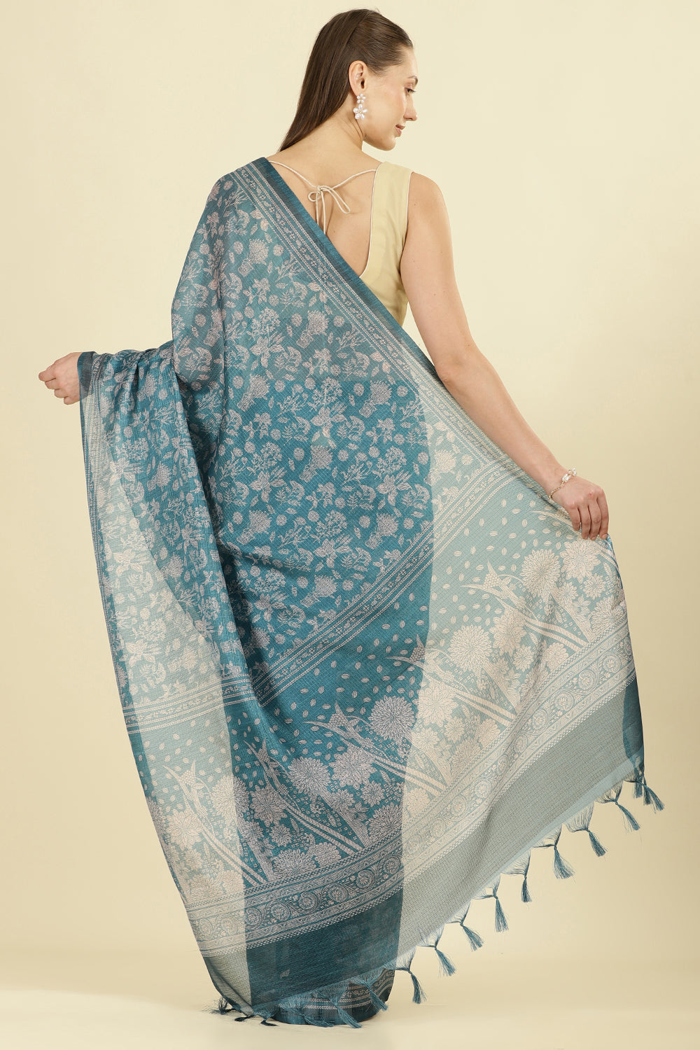 Teal Kota Cotton Floral Jaal Printed Saree
