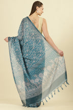 Teal Kota Cotton Floral Jaal Printed Saree