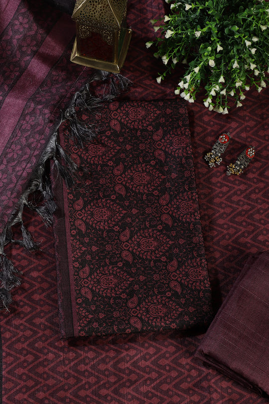 Wine And Black Digital Printed Chanderi Cotton Unstiched Suit Material