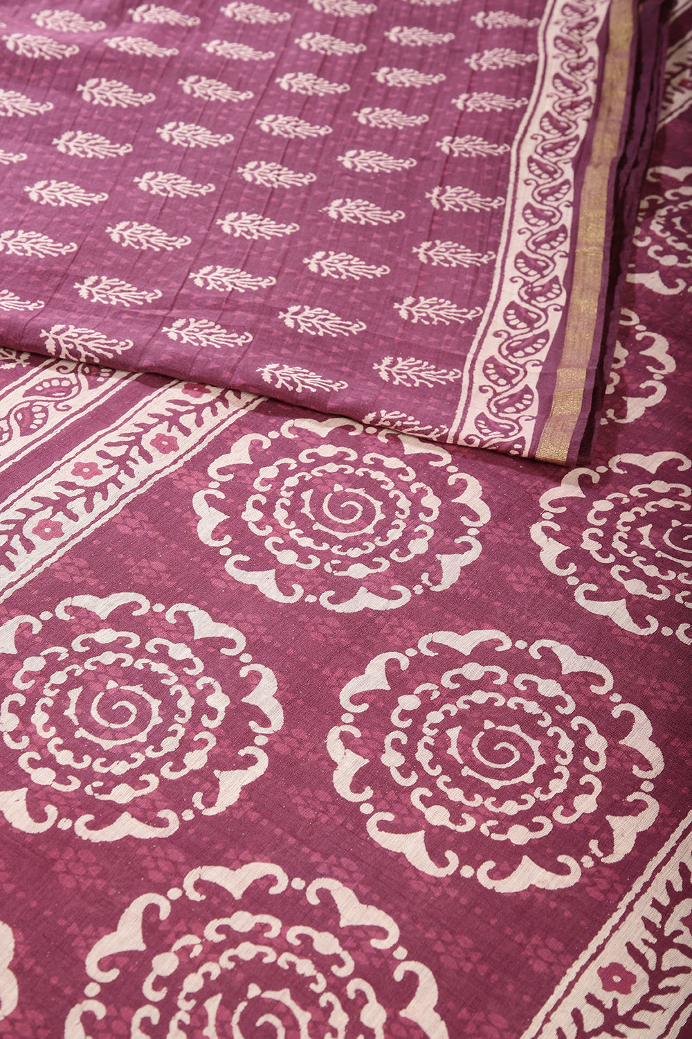 Light Plum Color Cotton Hand-Block Style Printed Saree