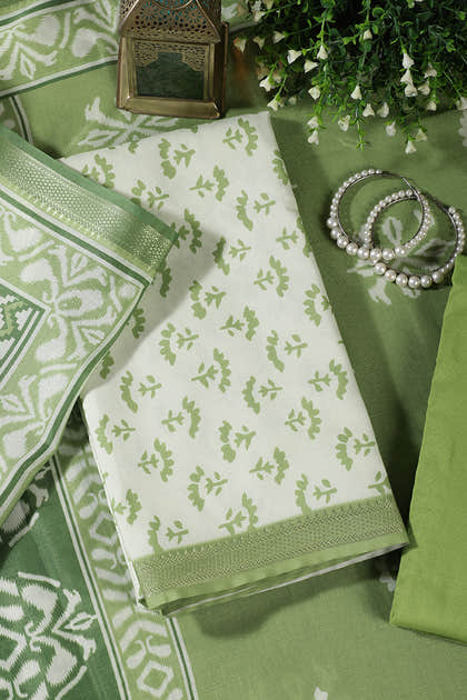 Light Green Floral Block Print Cotton Unstitched Suit Fabric