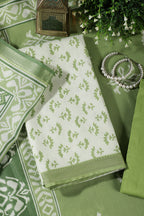 Light Green Floral Block Print Cotton Unstitched Suit Fabric