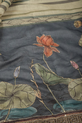 Grey Cotton Floral Printed Saree