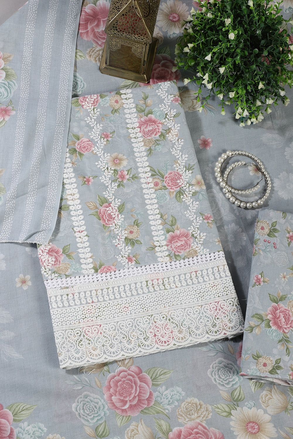 Grey Color Cotton Flower Printed and Lace Work Unstitched Suit Fabric