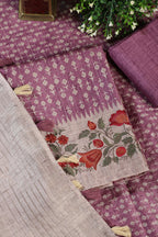 Dusky Purple Tussar Cotton Printed And Floral Embroidered Unstiched Suit Material