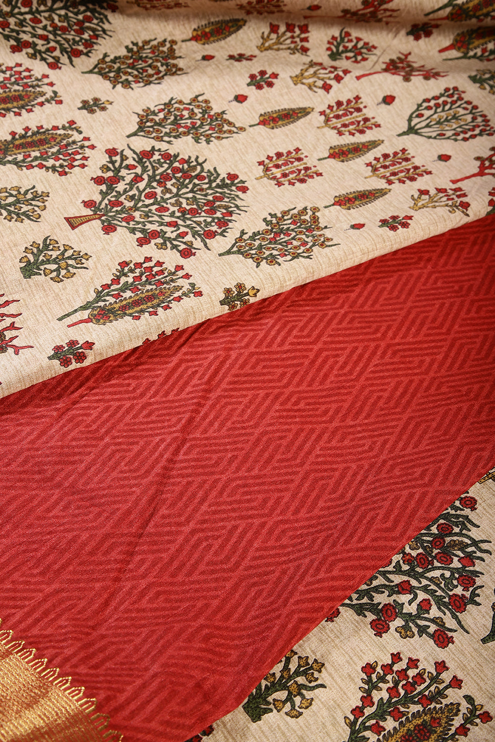 Beige & Red Color Tree-Like Structures Printed Tussar Silk Saree
