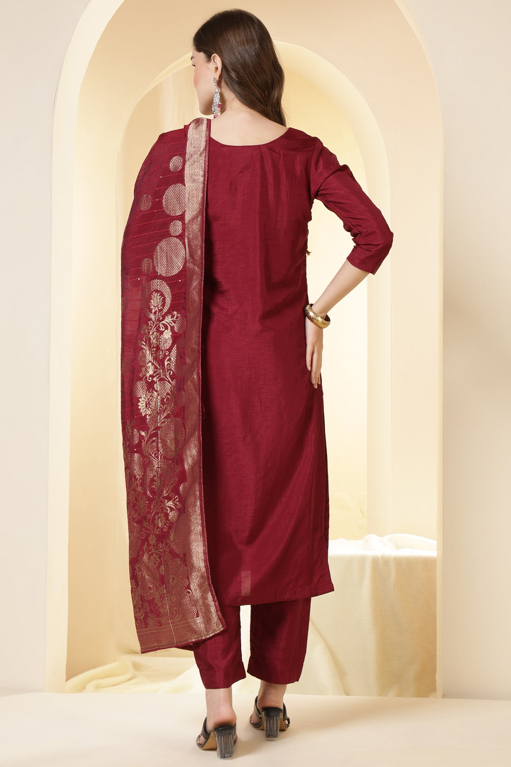 Maroon Color Silk Neck Embroidered Suit Set