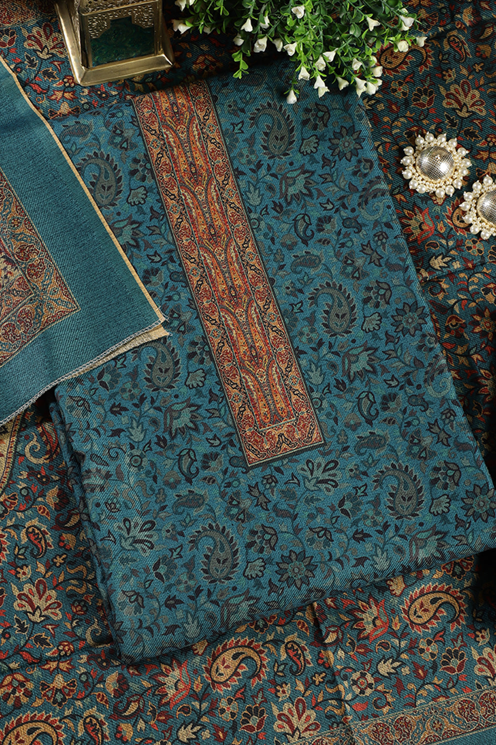 Blue Pashmina Digital Printed Unstitched Suit Fabric