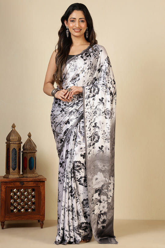 Black & White Floral Printed Crepe Silk Saree