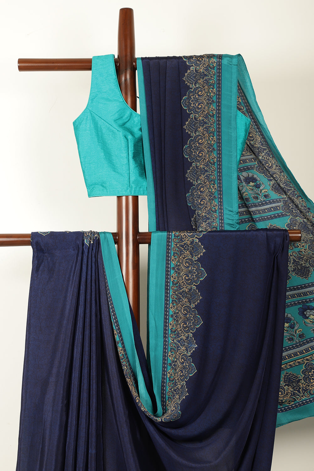 Navy Kashmiri-Inspired Floral Printed Crepe Saree