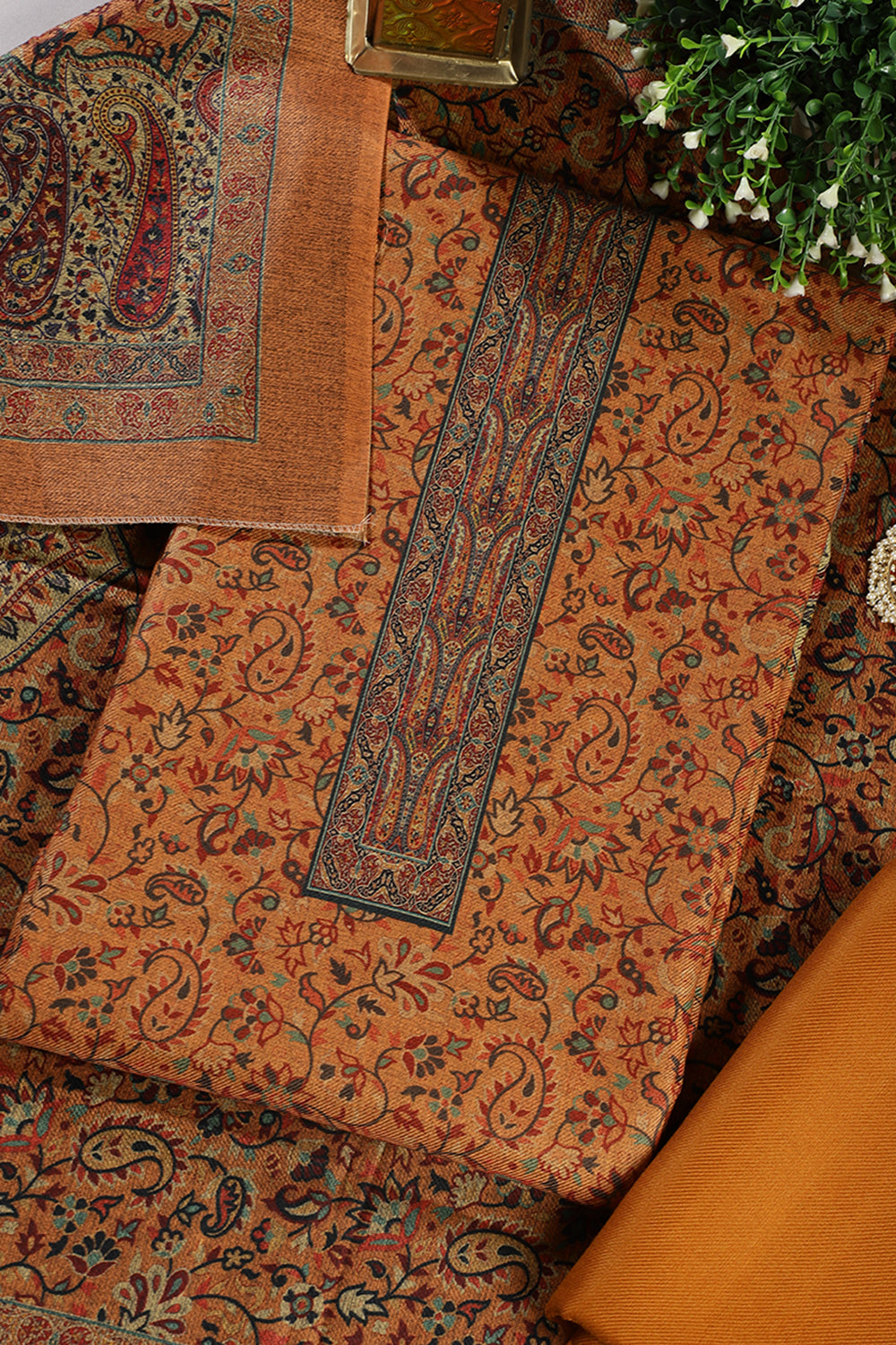 Mustard Pashmina Digital Printed Unstitched Suit Fabric