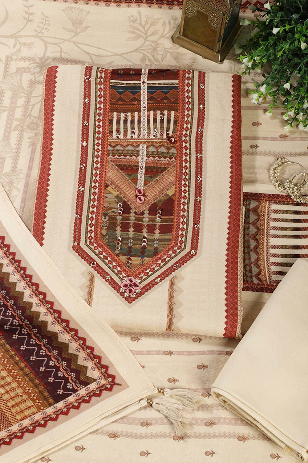Cream Printed Spun Unstitched Suit Material